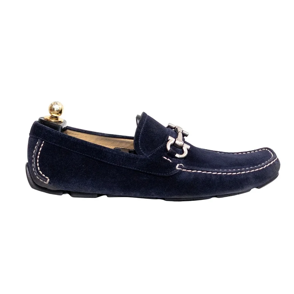Salvatore Ferragamo Paris Navy Blue Suede Gancini Bit Loafers Mens US 11.5 D
